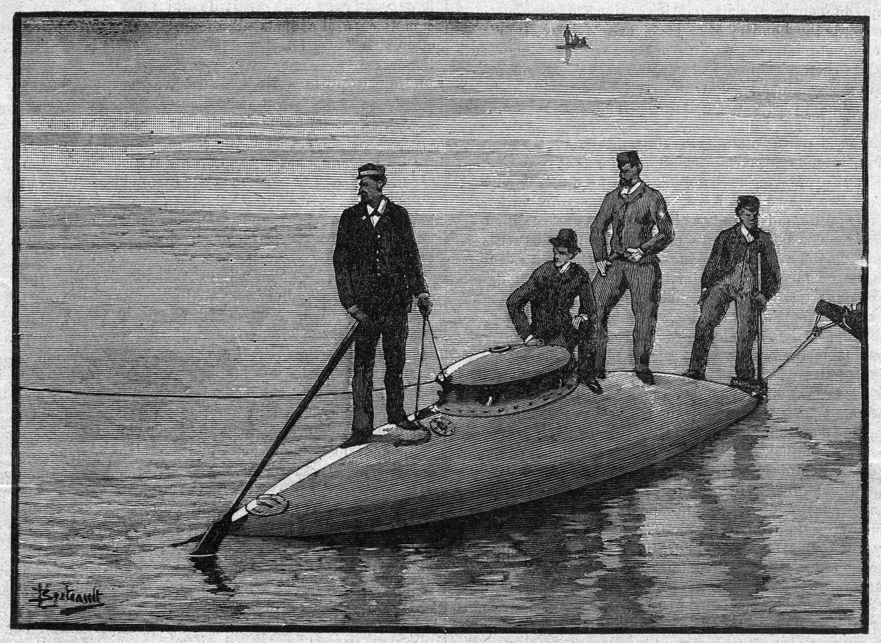Ubåten fann för den tomma "Goubet", bojde och bar fyra män. Gravyr i "La gazette du dimanche"" av den 28 november 1895. av French School