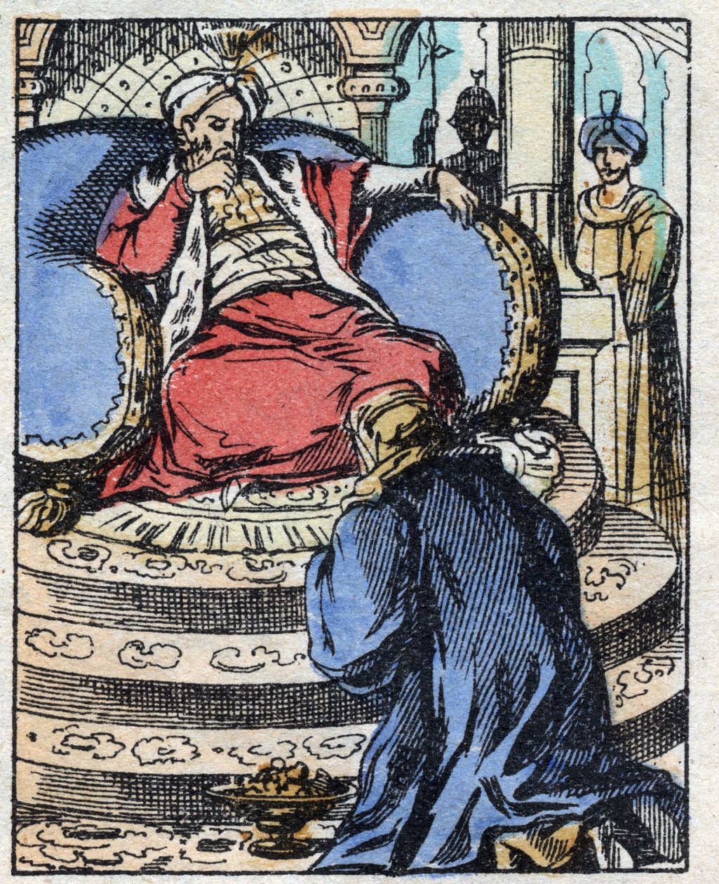 Sultanen är förvånad över diamanterna som Aladin erbjuder honom att be om sin dotters hand. Gravyr av berättelsen om Tusen och en natt "" Aladin och den underbara lampan"". Epinal avbildning, sent 1800-tal. Privat samling. av French School