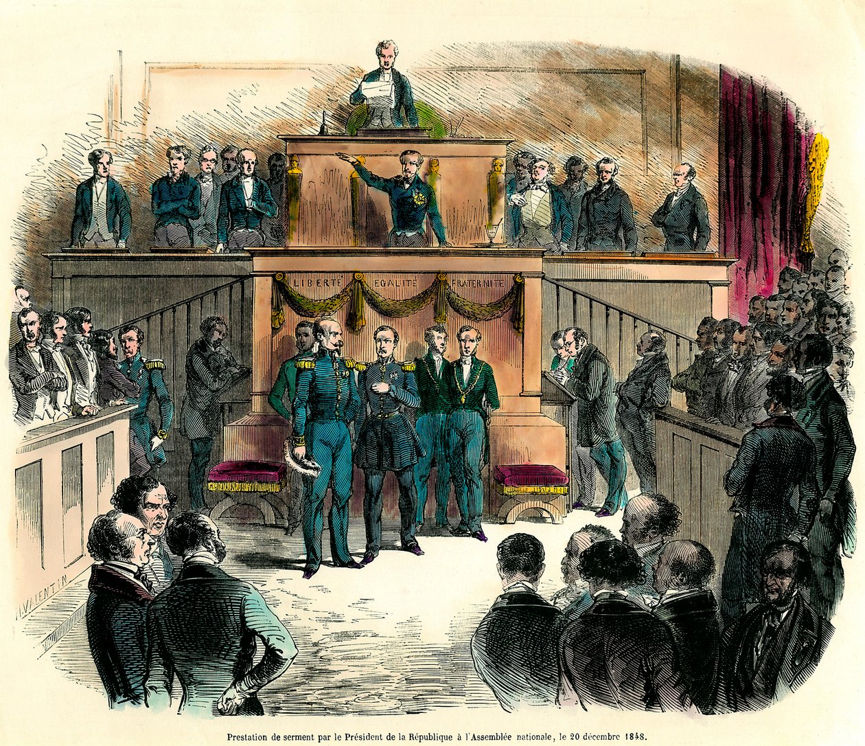 Svurningen av Ludvig Napoleon III (Louis-Napoleon), som officiellt utropades till republikens president, vid nationalförsamlingen den 20 december 1848. Han lovar "att förbli trogen den enda och odelbara demokratiska republiken och uppfylla alla av French School