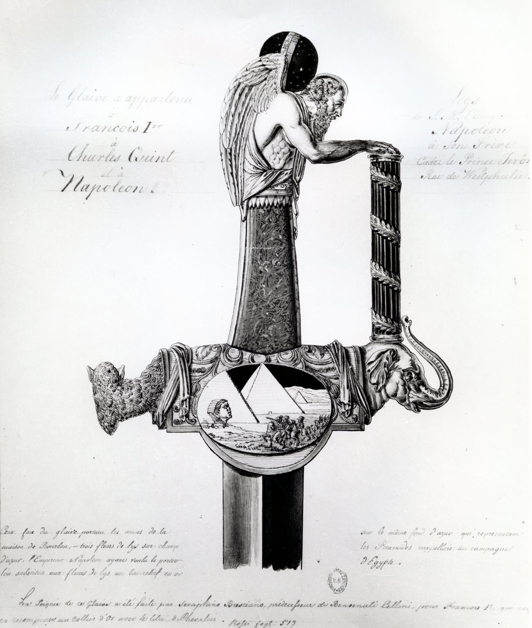 Svärdet som ägs av Frans I av Frankrike, Karl V, den helige romerske kejsaren och Napoleon Bonaparte med motiv som representerar Napoleons kampanj i Egypten av French School