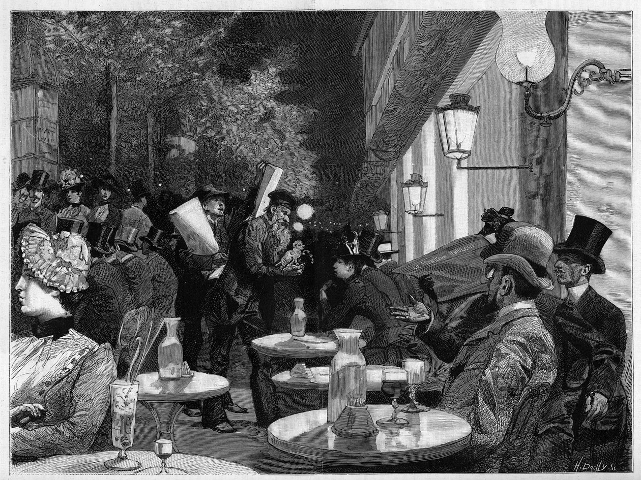 Terrassen på ett kafé på Boulevarden vid midnatt i Paris. Gravyr i "The Illustrous World" av French School