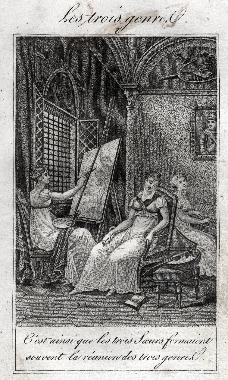 De tre genrerna. Kvinna Målare, musiker och läsare. av French School
