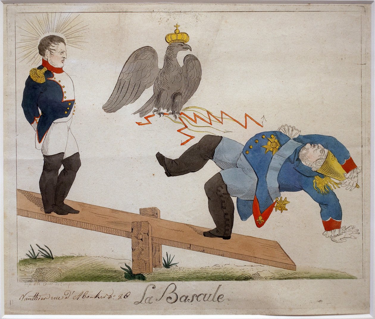 Växeln. Porträtt av Napoleon Bonaparte (1769-1821) som står på en gungbräda och ser sin fiende falla, sprängd av en örnkrona. Tecknad serie. Eau forte, tidigt 1800-tal, Frankrike. Napoleonmuseet, Antibes. av French School