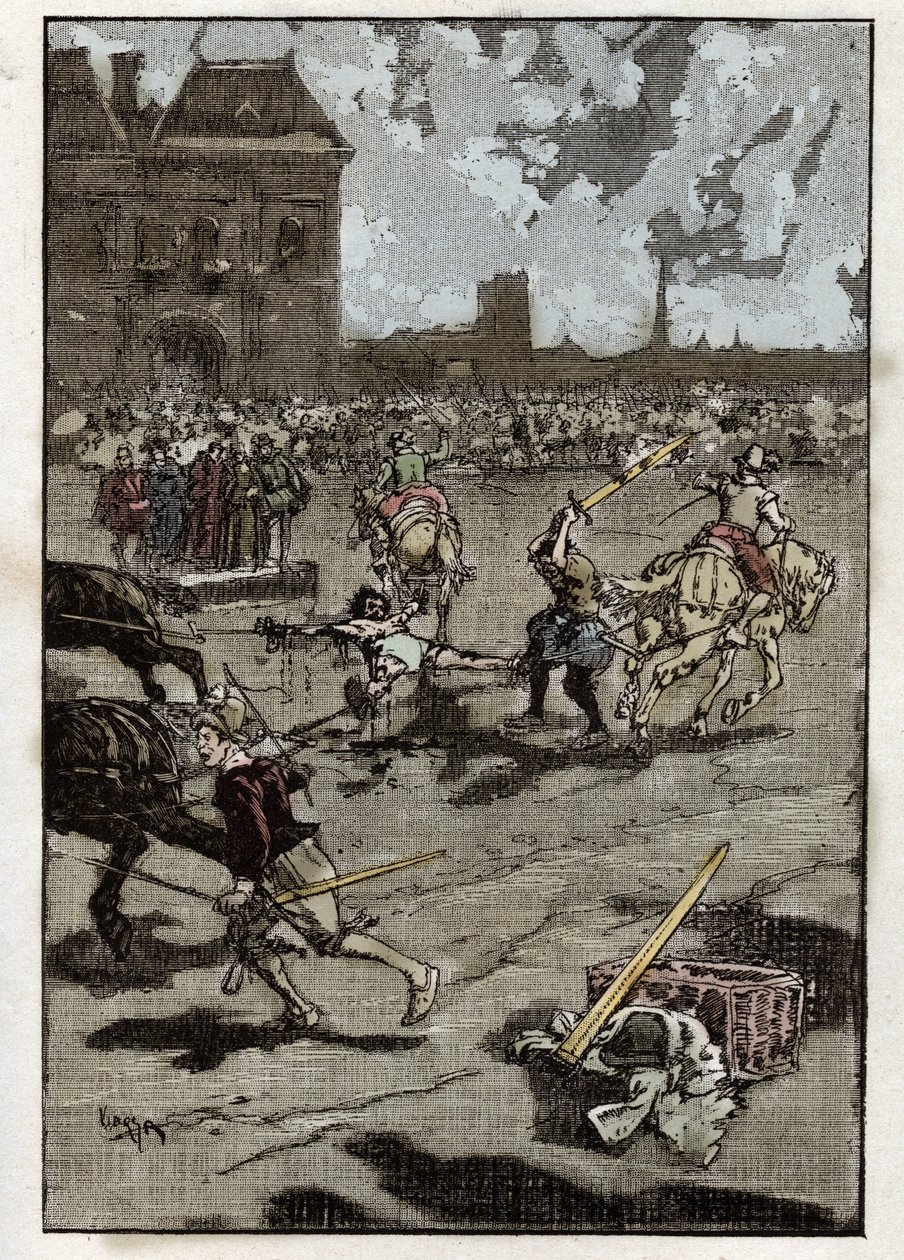 Tortyren av Francois Ravaillac, mördaren av kung Henrik IV: han är inkvarterad i Paris den 27 maj av French School