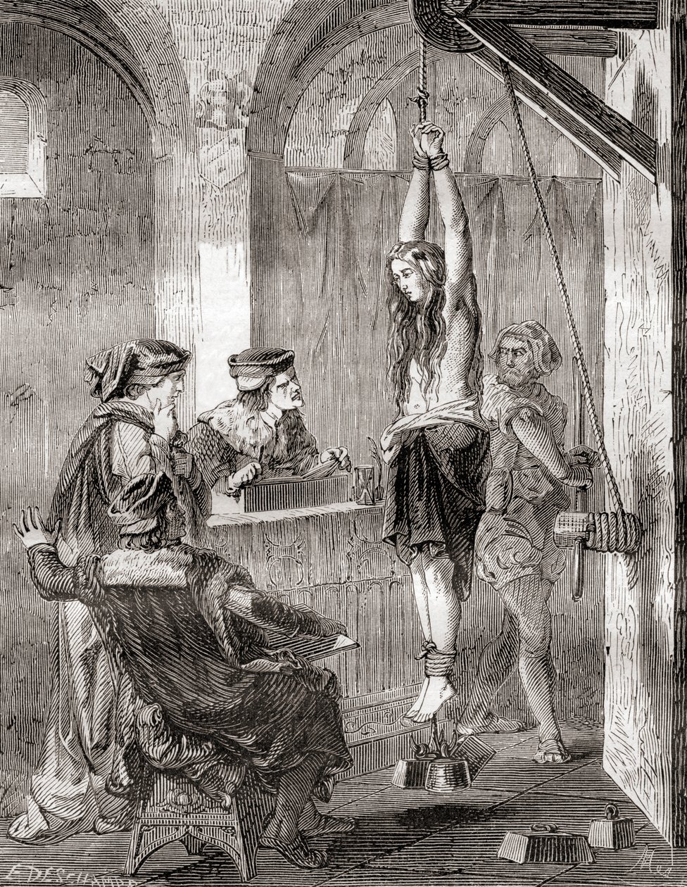 Tortyren av en kvinna anklagad för häxkonst under medeltiden, från Les Merveilles de la Science, publicerad ca 1870 (litho) av French School