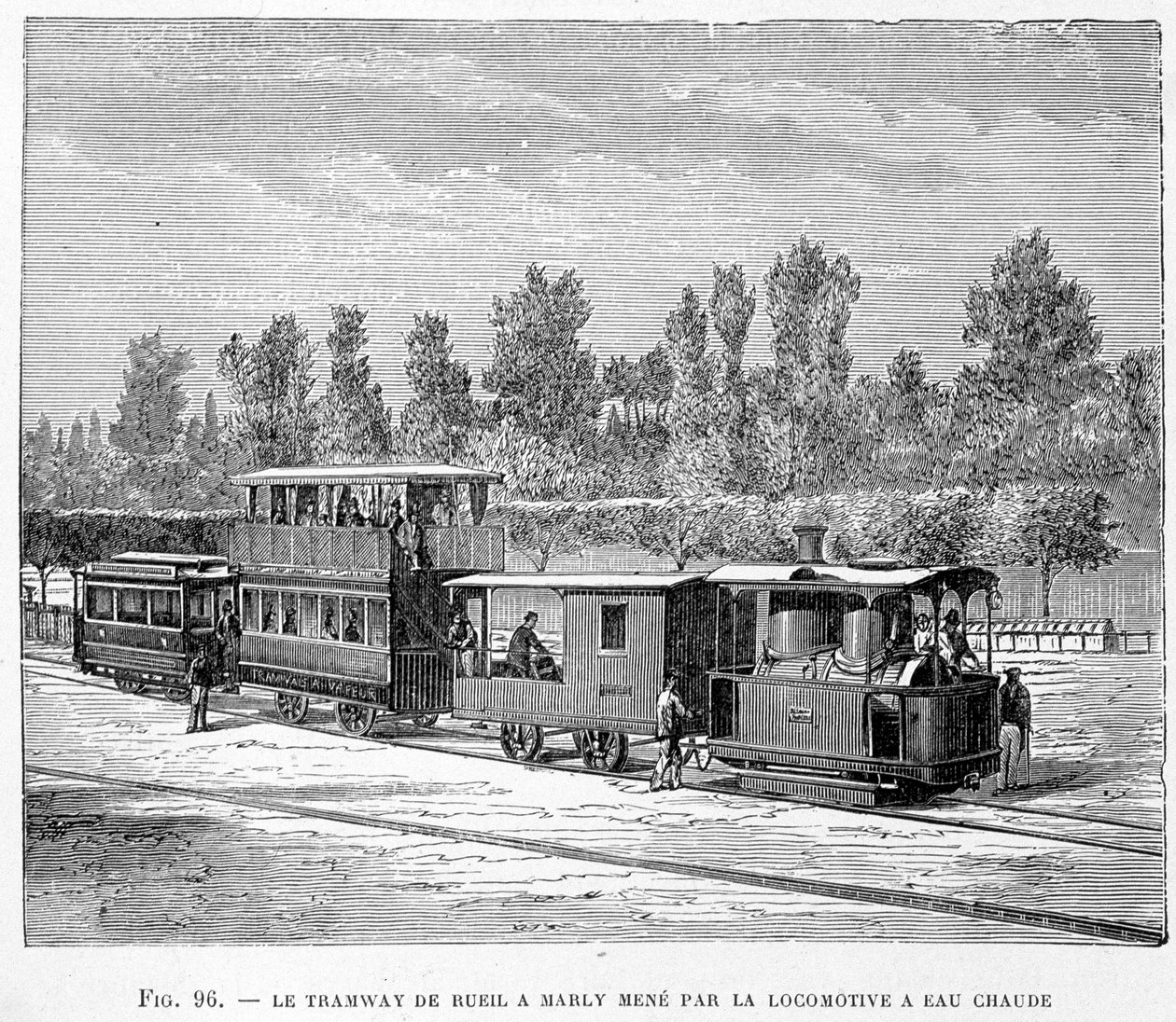 Spårvagnen från Rueil till Marly, ledd av varmvattenlokomotivet - i "" The new conquests of science"" av Louis Figuier av French School