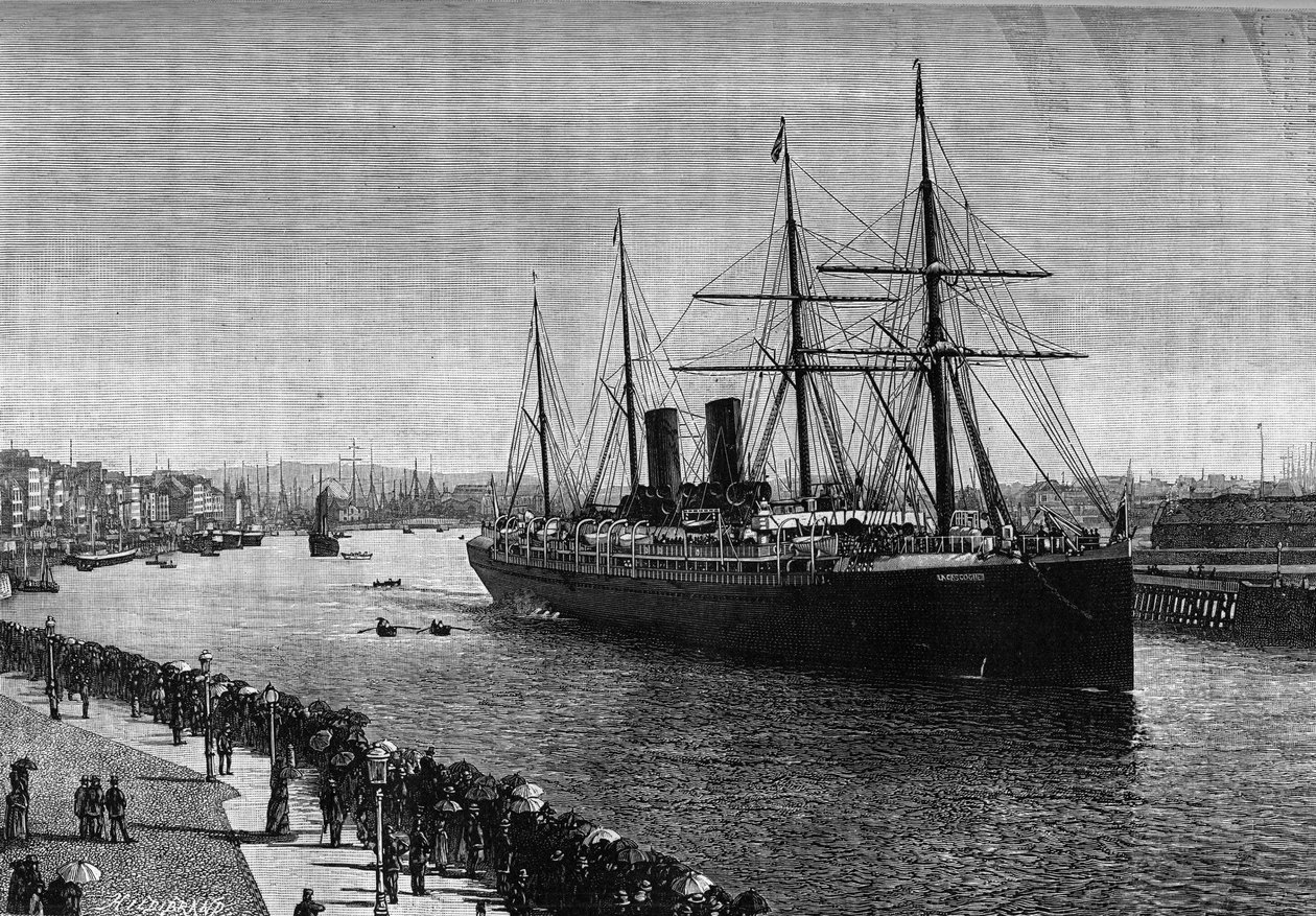 Det transatlantiska linjefartyget "" La Gascogne"" i hamnen i Le Havre 1887. Gravyr i den berömda tidskriften "" La jeunesse"" av French School