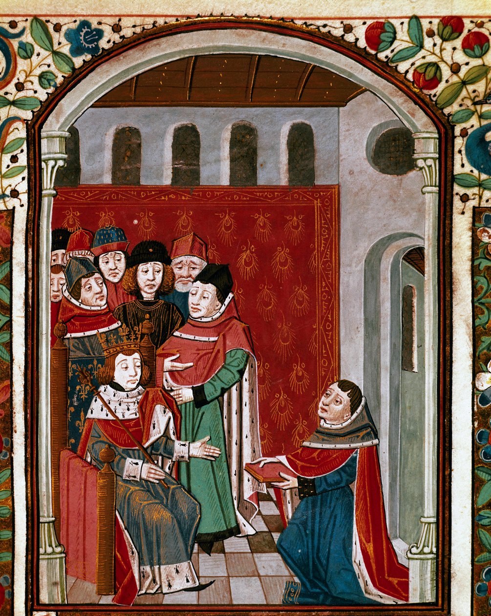 Översättaren John de Meung (eller Clopinel eller Chopinel) (1240-1305) skänker sitt verk till kung Filip IV den vackra (1268-1314). Miniatyr hämtad från "" De Consolatione Philosophiae"" av den latinska filosofen Boece (Boetius) (475-520), översatt av Jean av French School