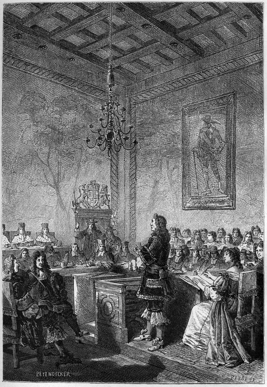 Rättegången mot Lord William Russell (1639-1683) - gravyr från "The History of England, from the tidigast times" av Francois Guizot 1877 av French School