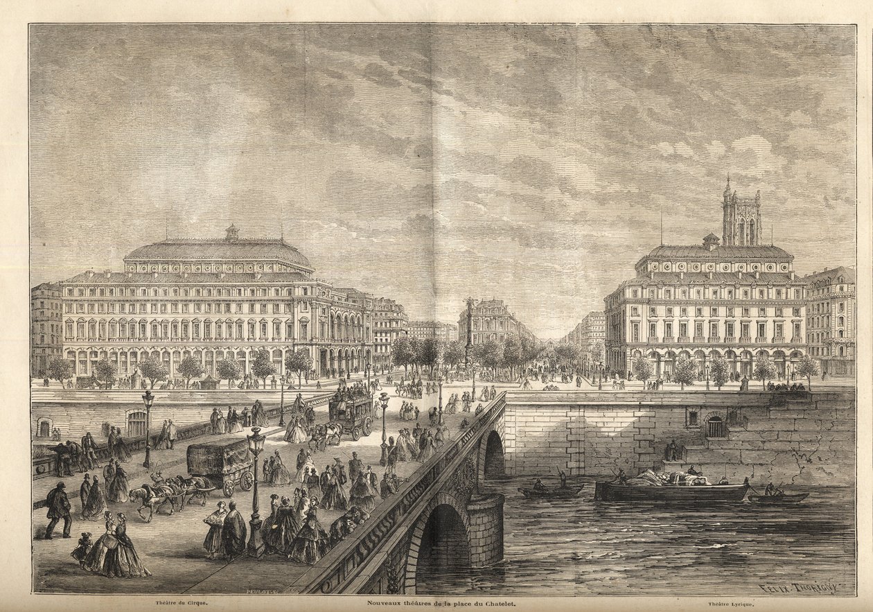 De två nya teatrarna på Place du Chatelet i Paris 1862 - Gravyr från 