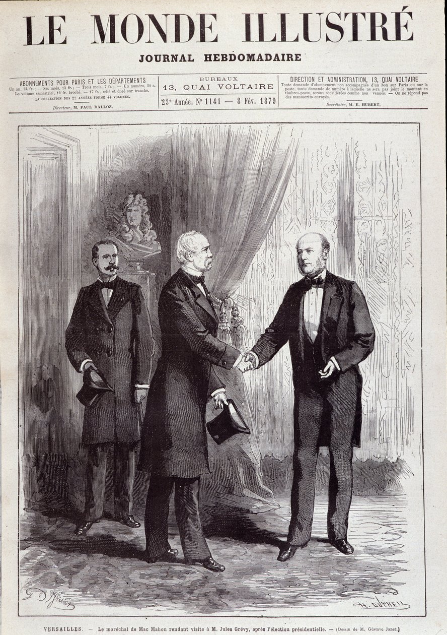 Besöket av Marechal Patrice av Mac Mahon (Mac-Mahon) (1808-1893) hos president Jules Grevy (1807-1891). I "" Le Monde illustrious", februari 1879. av French School