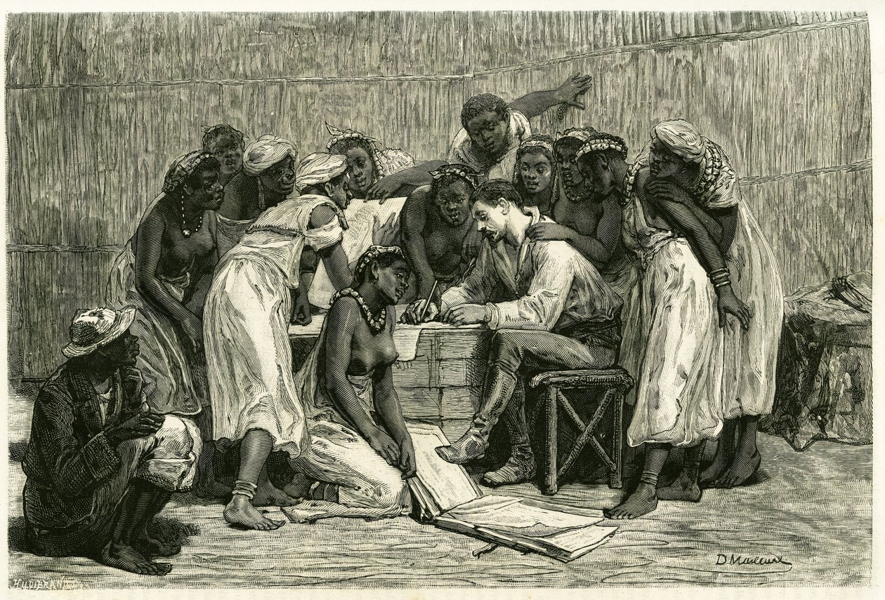 Besöket av drottningarna, kung Sepopos sexton fruar, i Dr Holubs låda. Gravyr av D.Maillard, för att illustrera berättelsen "Au pays des Marutses", 1875-1879, av Dr. Emile Holub (1847-1902). Publicerad i Tour du monde, 2:a terminen 1883, redigerad av French School