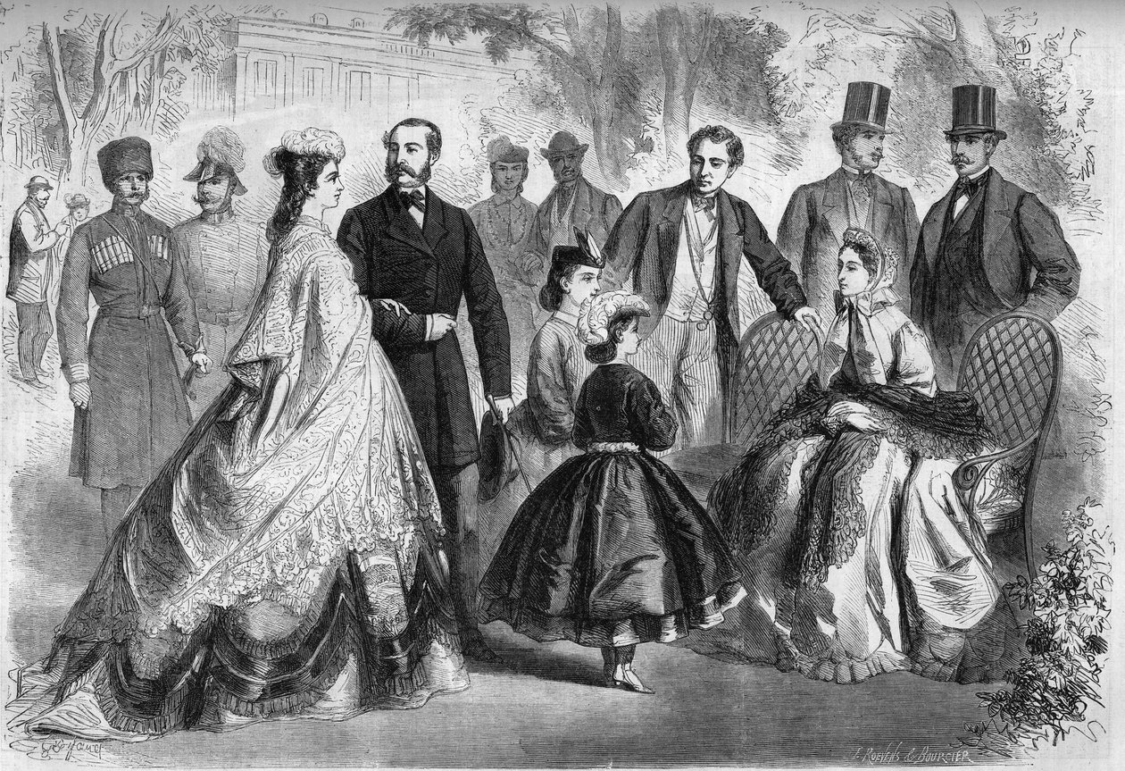 Vattensäsongen i Kissengen, Tyskland, 1864. Presenterar, från vänster till höger: Elisabeth av Wittelsbach (Sissi) (1837-1898) Impress of Austria, Alexander II (1818-1881) Kejsare av Ryssland, Ludvig II (1845-1886) ) Kung av Baviere, Maria Alexandrovna (ne av French School