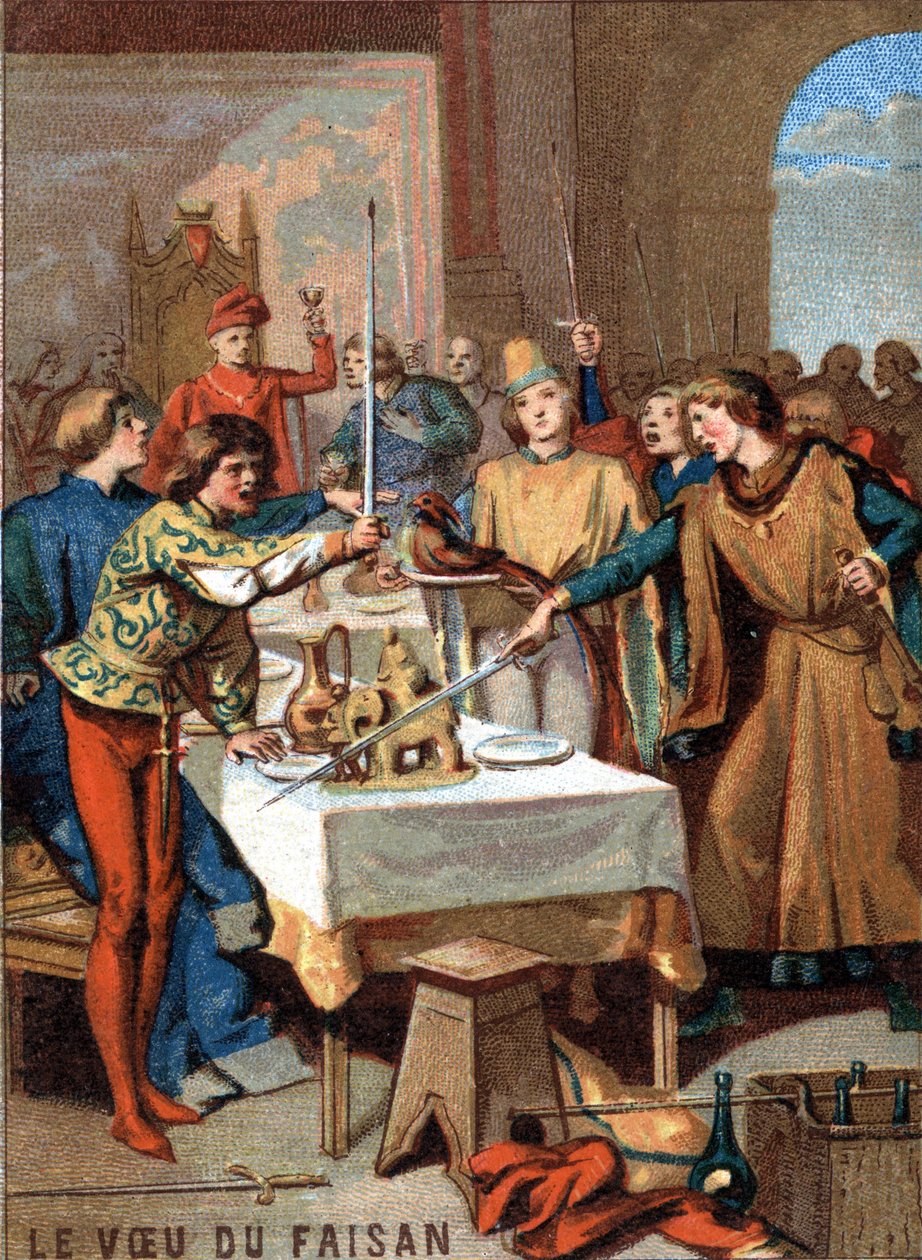 Fasanens önskan (1454): under festen anordnad av Filip III den gode, hertig av Bourgogne, svär gästerna på en fasan prydd med ett pärlhalsband för att utrota turken. Chromolithography of the Series "" Patriotic Education through I av French School
