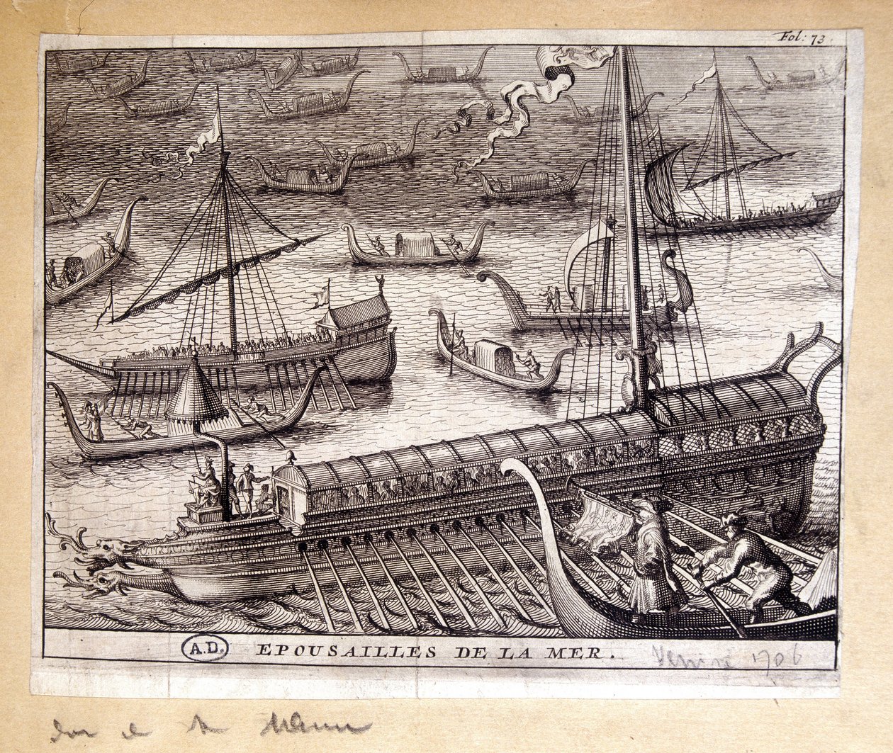 Fruarna till Dogen av Venedig med havet 1706 - gravyr av French School