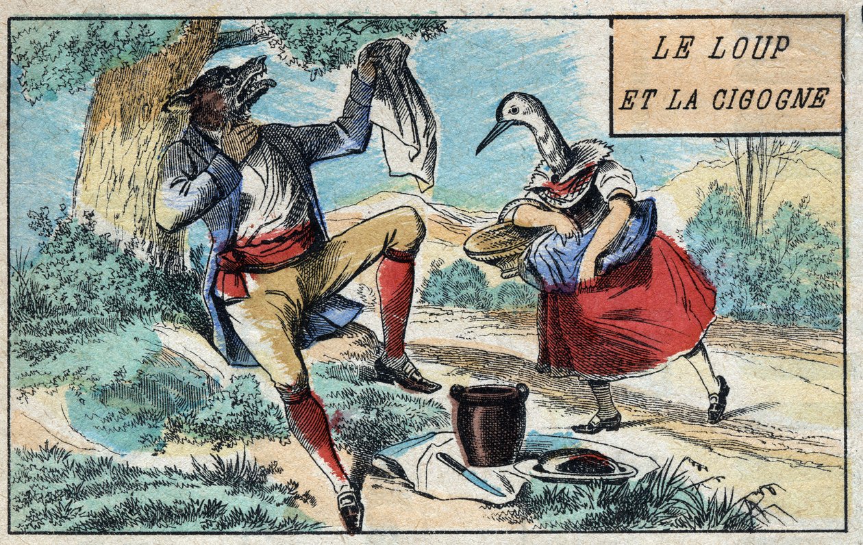 Vargen och storken. Fabler av Jean de La Fontaine (1621-95). Epinal avbildning från slutet av 1800-talet. av French School