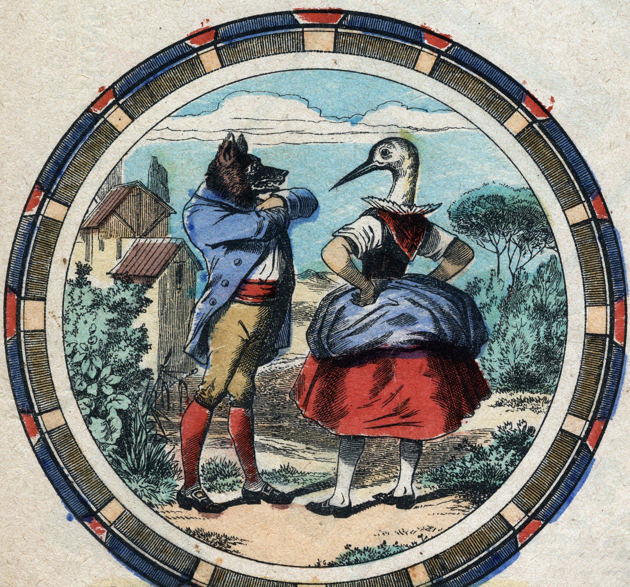 Vargen och storken. Fabler av Jean de La Fontaine (1621-95). Epinal avbildning från slutet av 1800-talet. av French School