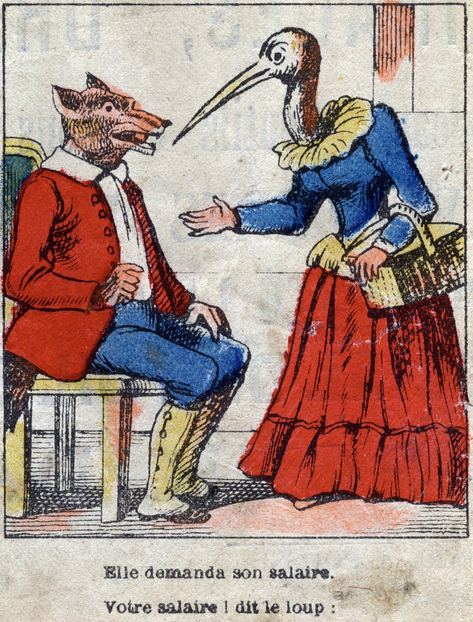 Vargen och storken. Fabler av Jean de La Fontaine (1621-95). Epinal avbildning från slutet av 1800-talet. av French School
