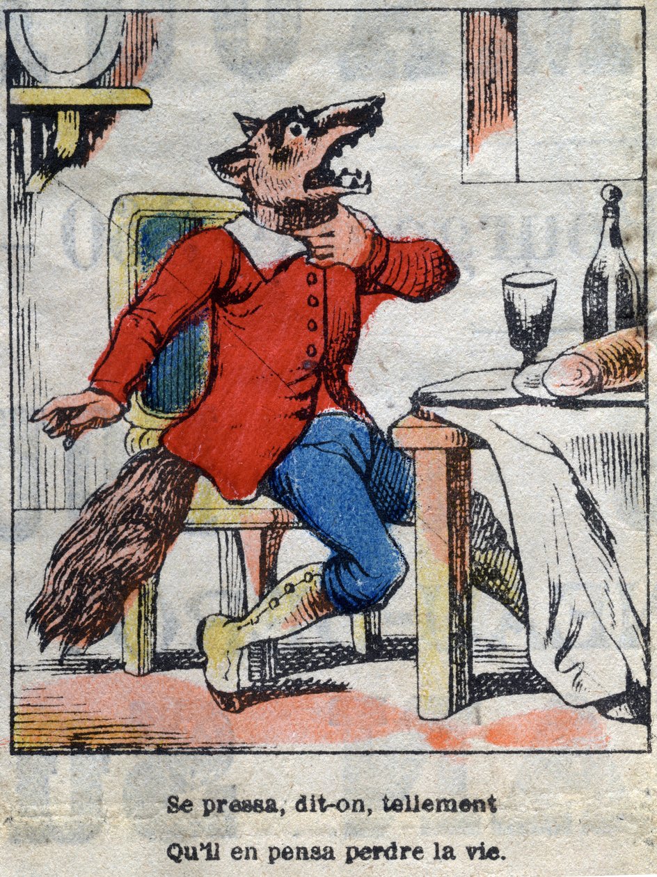 Vargen och storken. Fabler av Jean de La Fontaine (1621-95). Epinal avbildning från slutet av 1800-talet. av French School