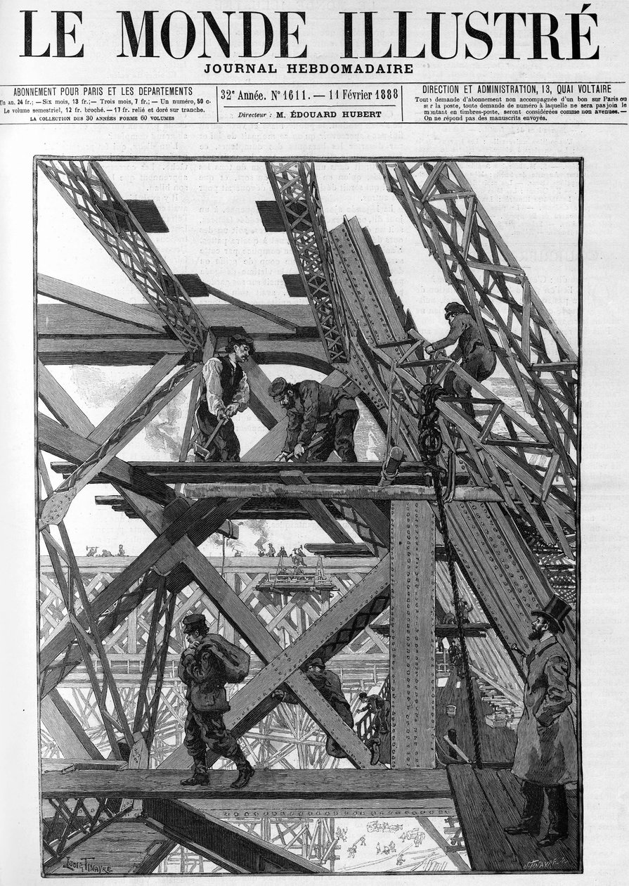 Verken av Eiffeltornet för världsutställningen 1889, arbetarna är femtio meter över marken. I "The Illustrious World" från 1888. av French School