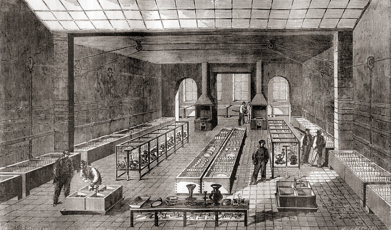 Verkstaden som innehåller de kemiska baden i Charles Christofles galvaniseringsanläggning, Paris, Frankrike 1867, från Les Merveilles de la Science, publicerad ca 1870 (gravyr) av French School