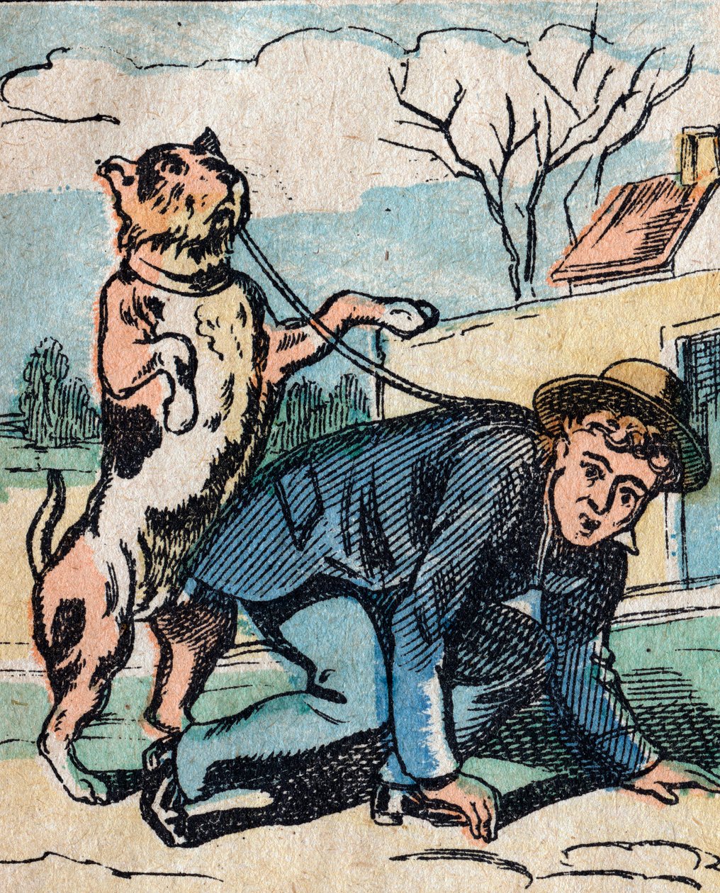 Världen upp och ner, ett imaginärt land: en hund som går sin husse med koppel - Epinal bild av French School