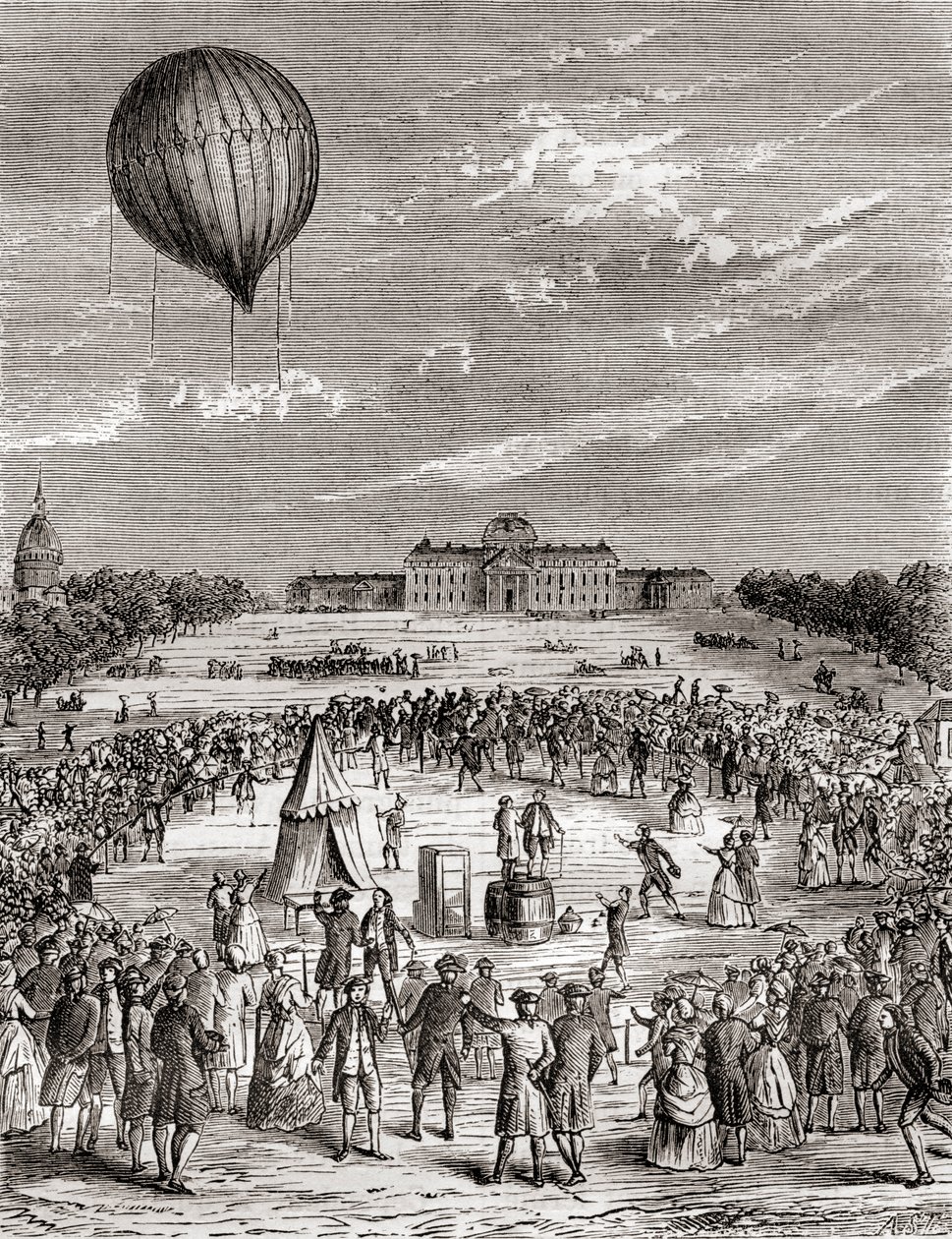 Världens första väteballong, uppskjuten över Champs de Mars, Paris, Frankrike 1783, från Les Merveilles de la Science, publicerad ca 1870 (gravyr) av French School