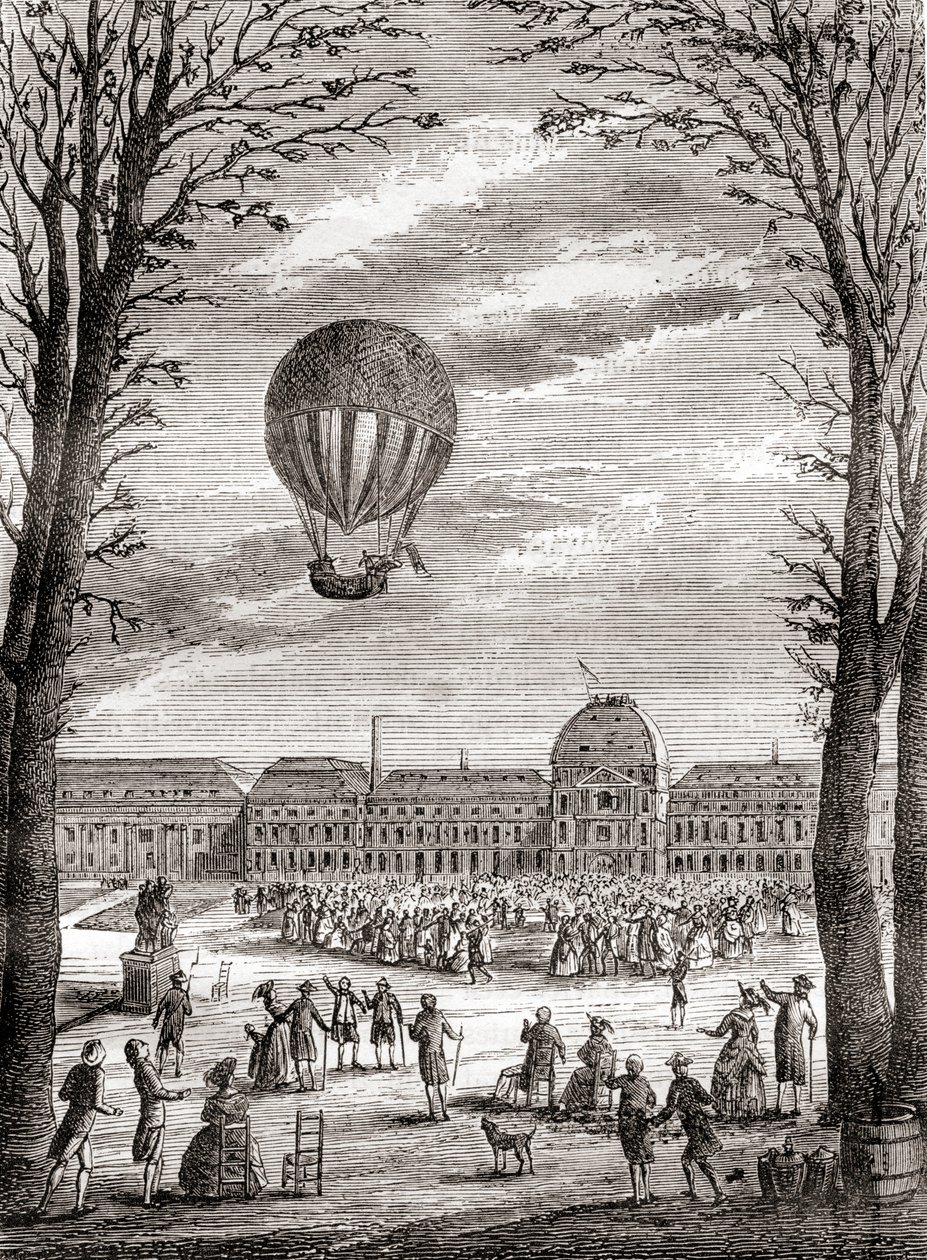 Världens första bemannade flygning med vätgasballong över Champs de Mars i Paris, Frankrike, den 1 december 1783, med Nicolas-Louis Robert och professor Jacques Charles som piloter, från Les Merveilles de la Science, publicerad ca 1870 (gravyr) av French School