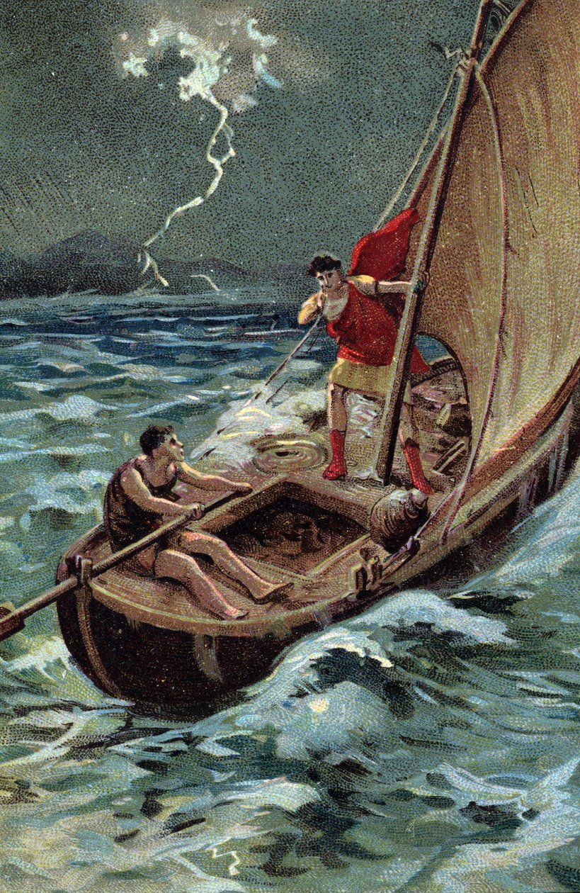 Den unge Jules Cesar (100-44 f.Kr.) som korsar Adriatiska havet för att ansluta sig till Dalmatien avancerar modigt trots stormen, säker på sin goda stjärna och öde (Ung Julius Caesar (100-44 f.Kr.) korsar modigt Adriatiska havet på sitt skepp, i trots tem av French School