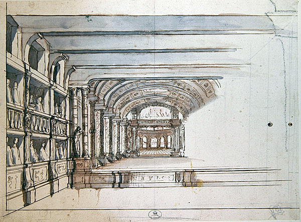 Teaterscen och auditorium med lådor, sent 1600-tal (penna och bläck & tvätt på papper) av French School