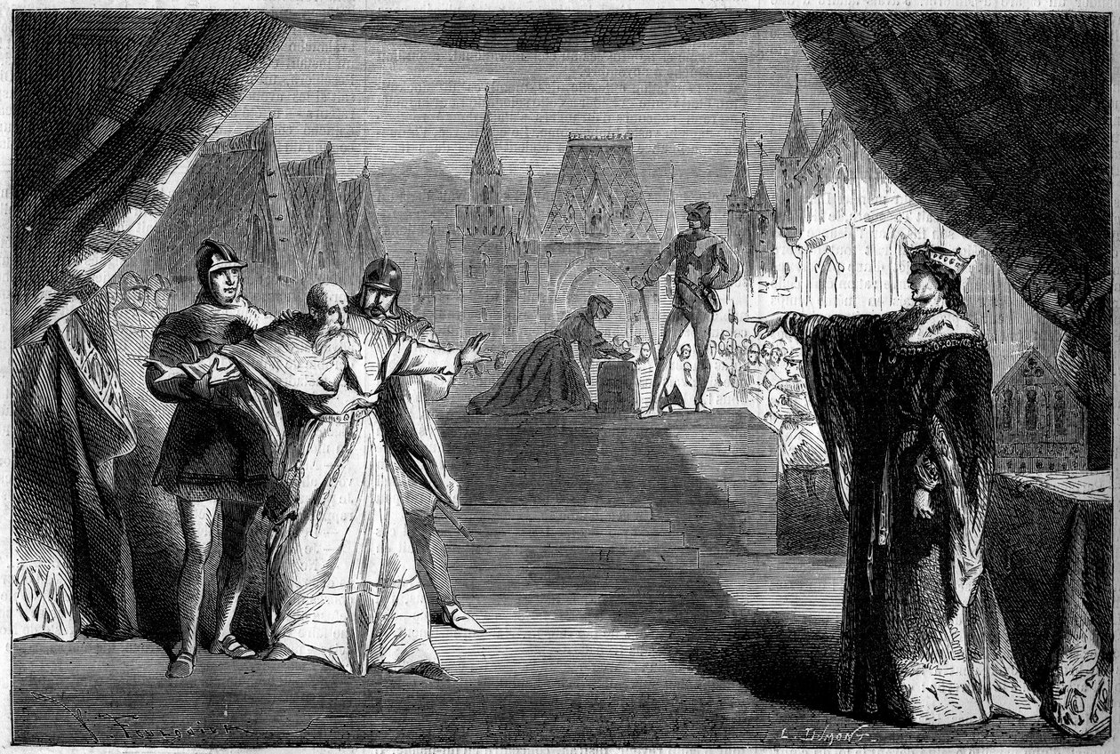 Teaterrepresentation: Akt II scen sju av "Franchdomarens dotter" av Adolphe Carcassonne (1826-1891). Theatre de Marseille av French School