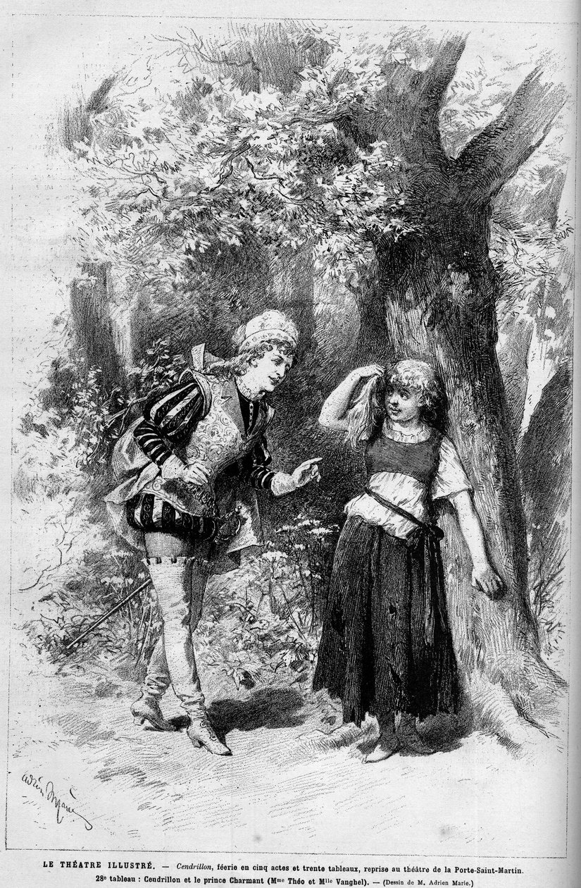 Teaterrepresentation: Askungen och den charmiga prinsen framförd av Mme Theo och Melle Vanghel för pjäsen "" Cendrillon"" av Clairville (Louis Francois Nicolaie) av French School