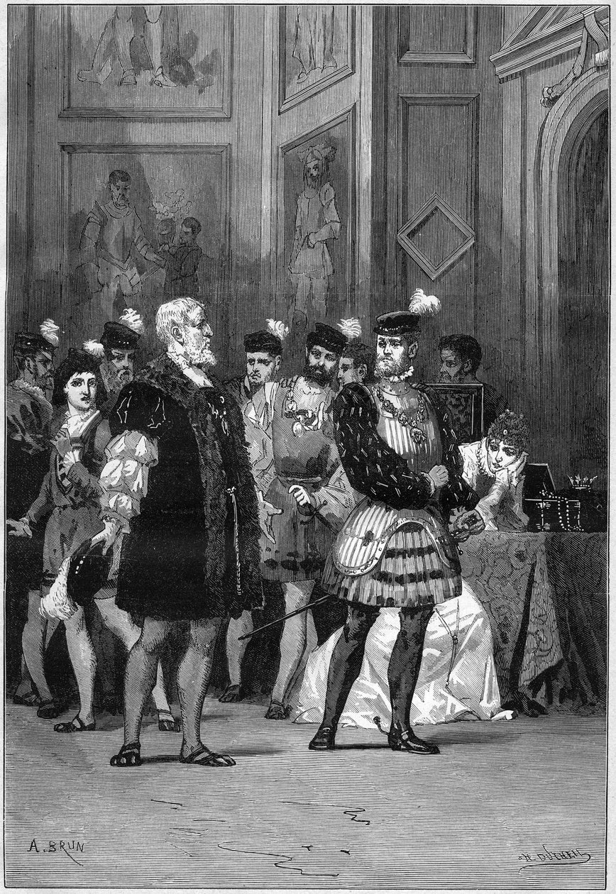 Teaterrepresentation: "" Hernani"" av Victor Hugo (1802-1885), akt III scen 6. Paris, Comedie Francaise av French School
