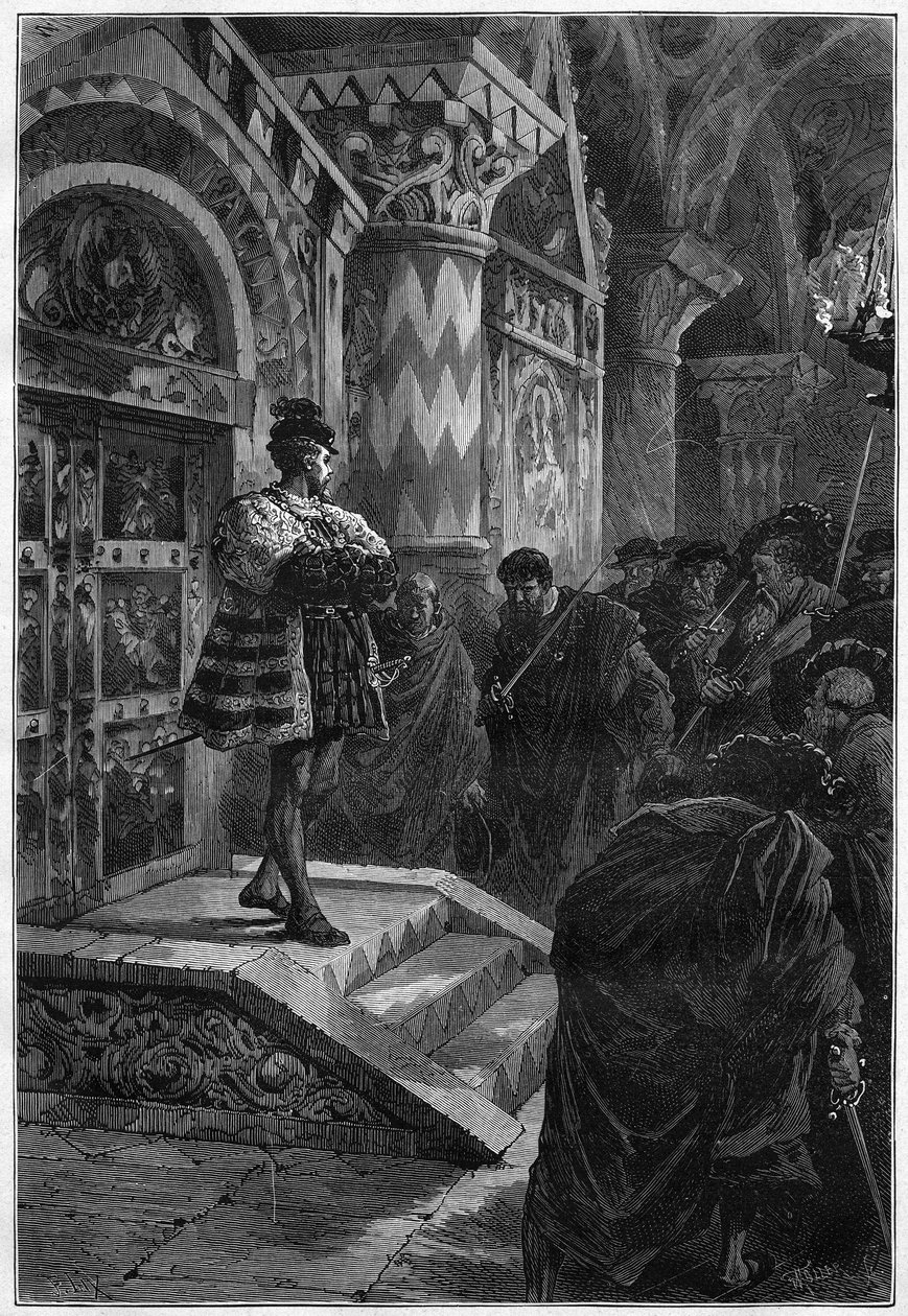 Teaterrepresentation: "" Hernani"" av Victor Hugo (1802-1885), akt IV scen 4. Paris, Comedie Francaise av French School
