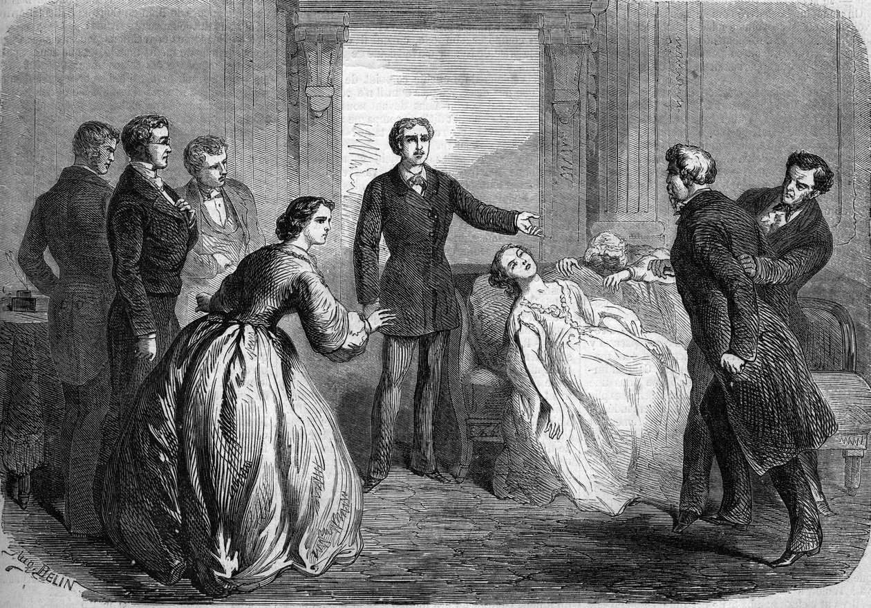 Teaterrepresentation av "" La Maratre"" (5:e akten, sista scen) av Honore de Balzac (1799-1850). Paris, Theatre du Vaudeville av French School