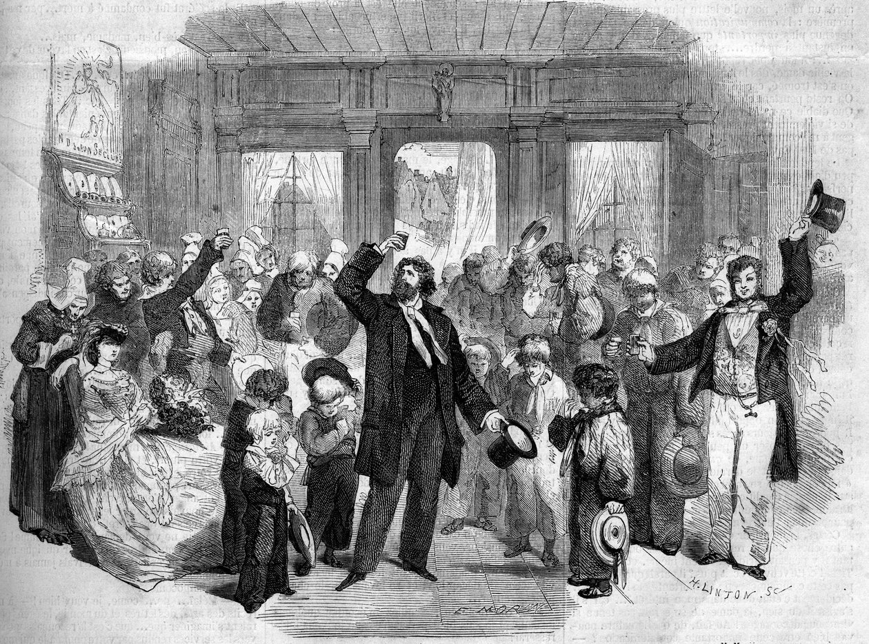 Teatralisk framställning av "La Penelope Normande"" (akt I) av Alphonse Karr (1808-1890). Bland komikerna fanns Mme Alexis, Mme Doche, Lafontaine (Henry Lafontaine av French School
