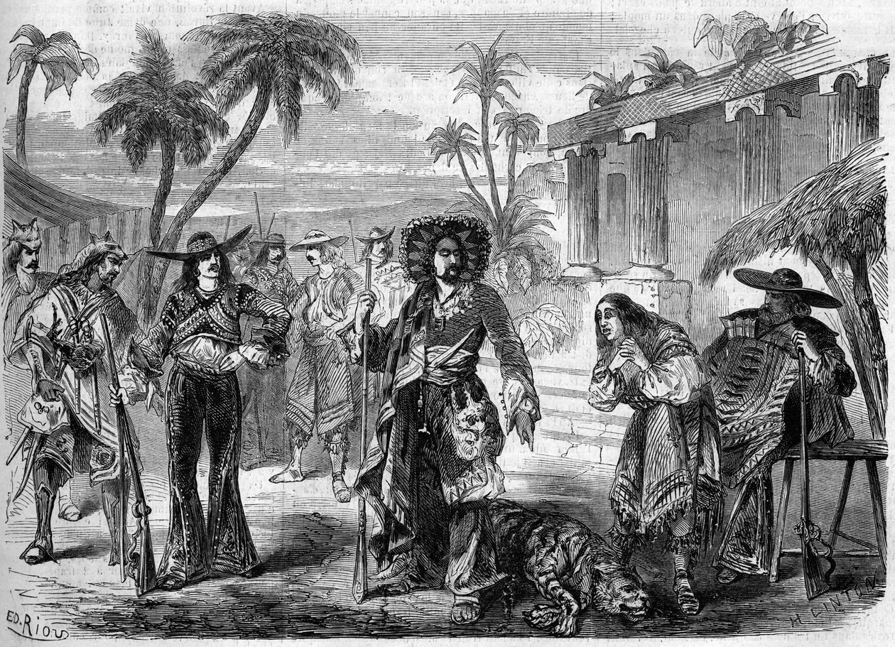 Teaterrepresentation av "" Les Pirates de la Savane"" (första akten, tredje målningen) av Auguste Anicet Bourgeois (1806-1871) och Ferdinand Dugue. Paris, Theatre de la Gaite av French School