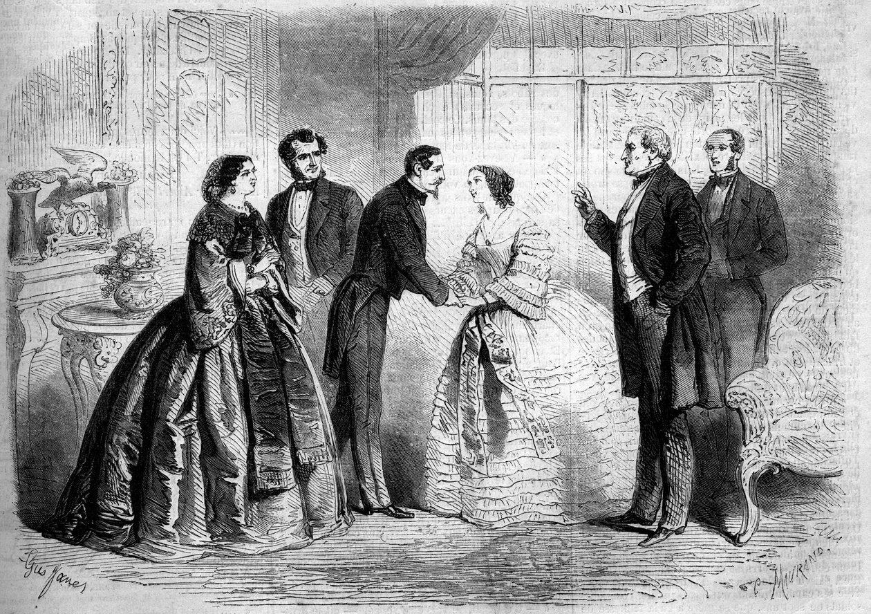 Teaterrepresentation av "Duc Job" (akt IV, sista scenen) av Leon Laya (1811-1872). Paris, Comedie Francaise av French School