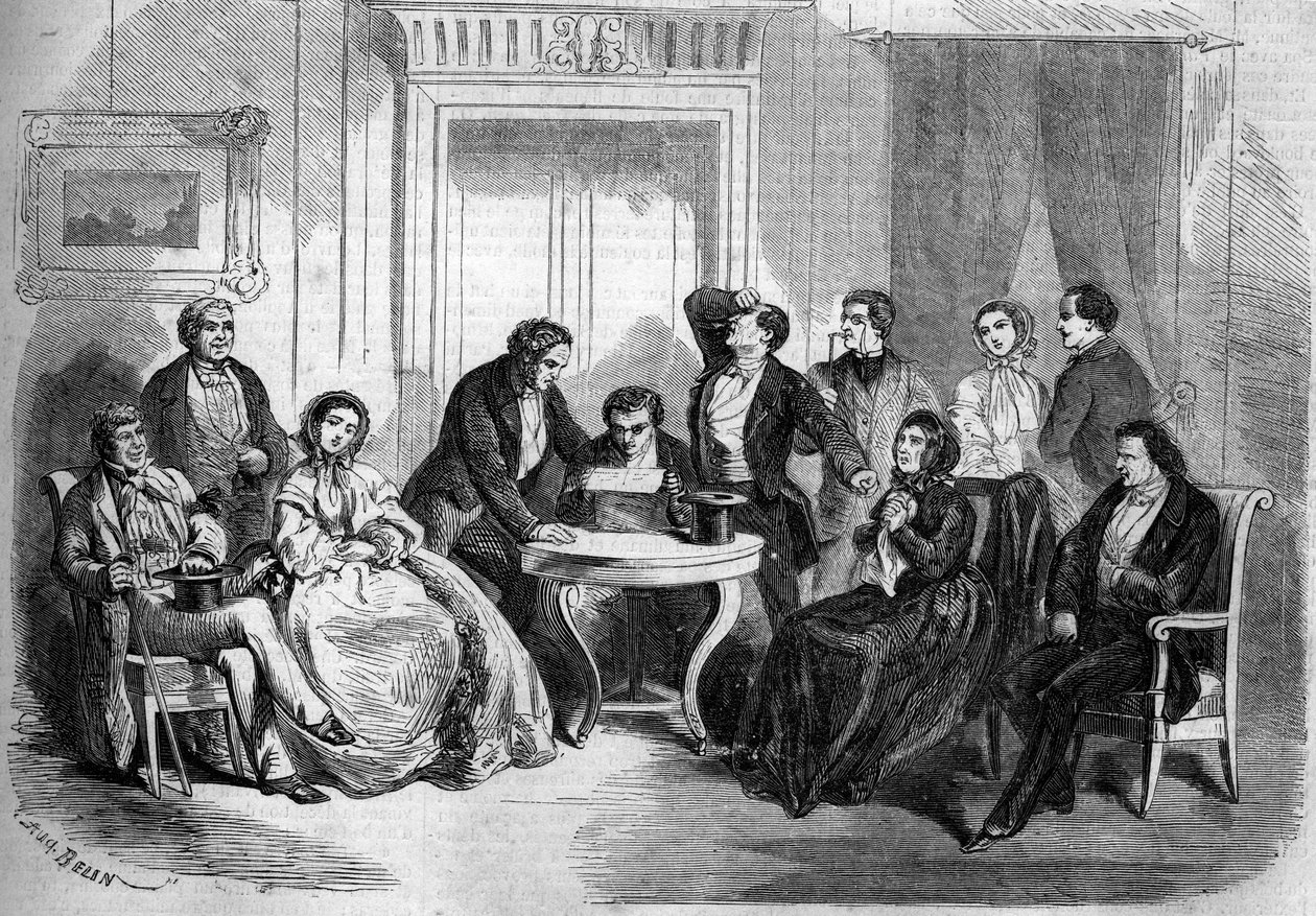 Teatralisk representation av "" Testamentet av Cesar Girodot"" (scenen för läsningen av testamentet, akt I) av Adolphe Belot (1829-1890) och Edmond Villetard. Paris, Theatre Imperial de l