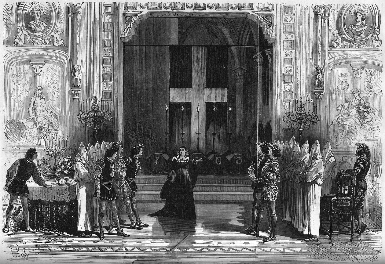 Teaterframställning: scen för kistorna i "Lucrece Borgia" av Victor Hugo (1802-1885). Paris, Theatre de la Porte Saint Martin av French School