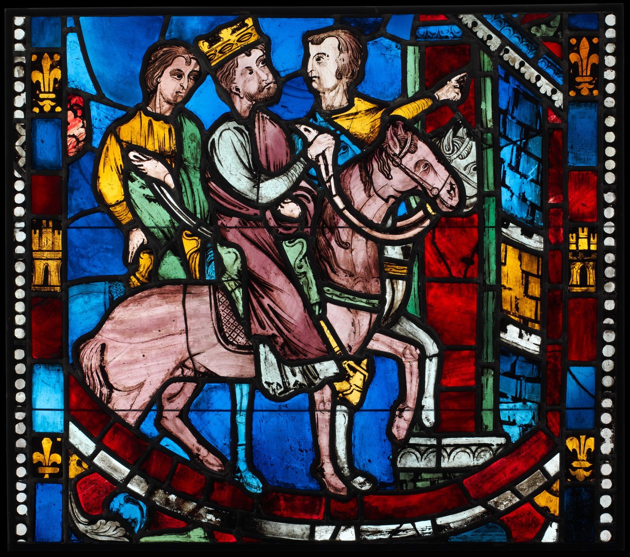 Theodosius anländer till Efesos, från en scen från legenden om Efesos sju sovande, ca. 1200–10 (Pot-metallglas, glasaktig färg) av French School
