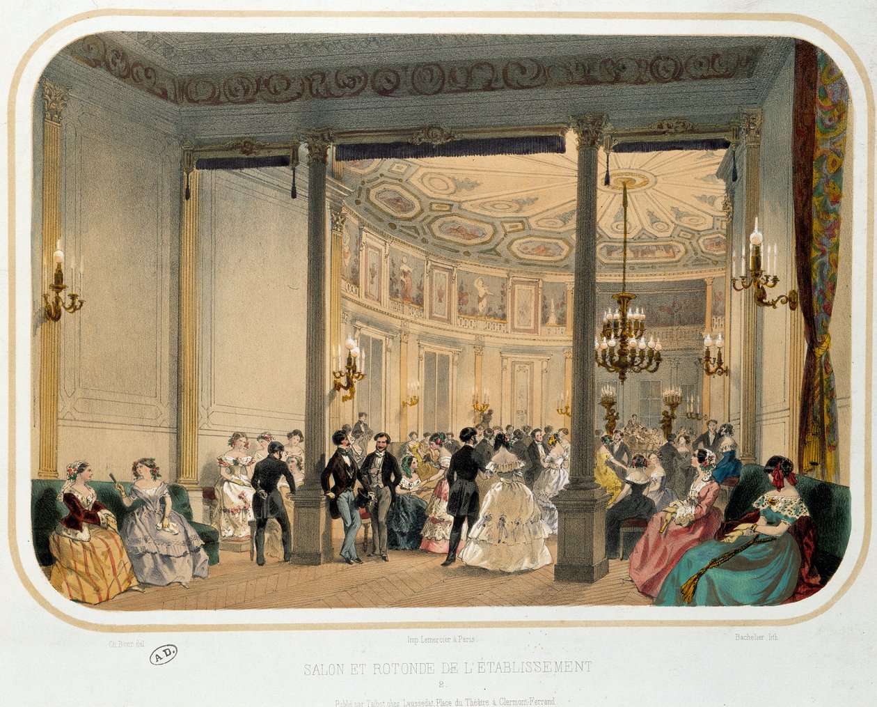 Termalism: "" Salong och rotunda av en anläggning i Vichy vid tidpunkten för en världslig mottagning"". Litografi över 1800-talets Paris. Dekorativ konst av French School