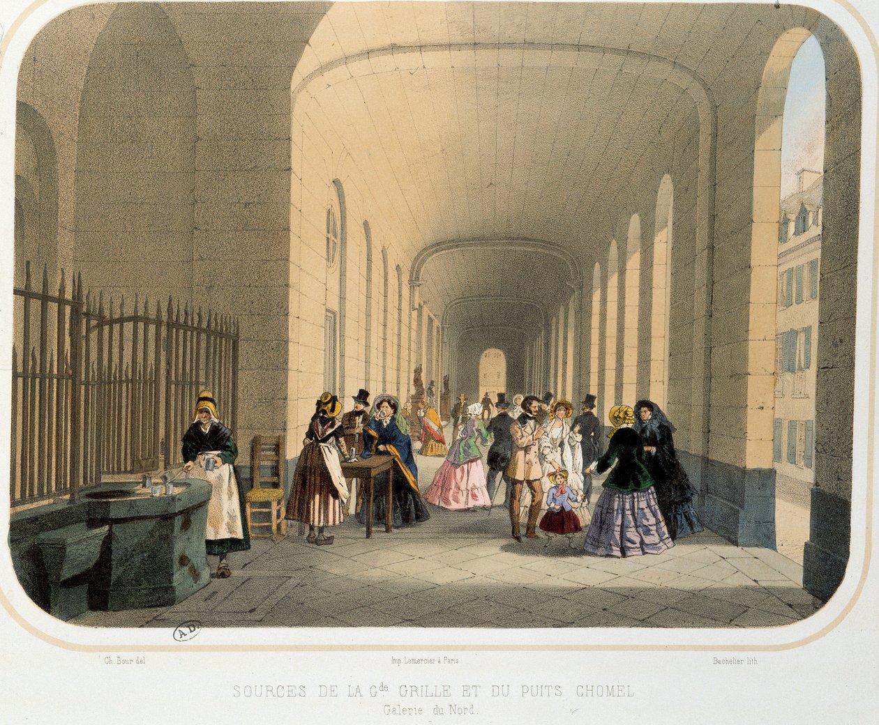 Termalism: "" utsikt över källan till det stora gallret och Chomel-brunnen, galleriet i norr"" Litografi av 1800-talets Paris. Dekorativ konst av French School