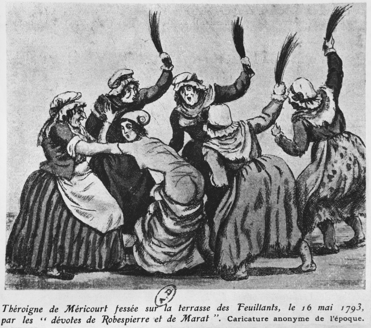 Theroigne de Mericourt piskad av en grupp parisiska jakobinskvinnor, 16 maj 1793 (wc på papper) av French School