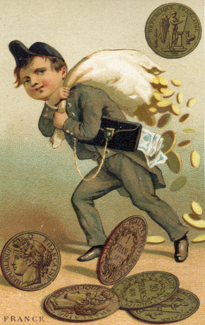 Tjuv flyr med en säck franska franc och sedlar, från en serie reklamkort på valutor i olika länder, publicerade i Paris av Baster & Vieillemard för användning av chokladen av French School