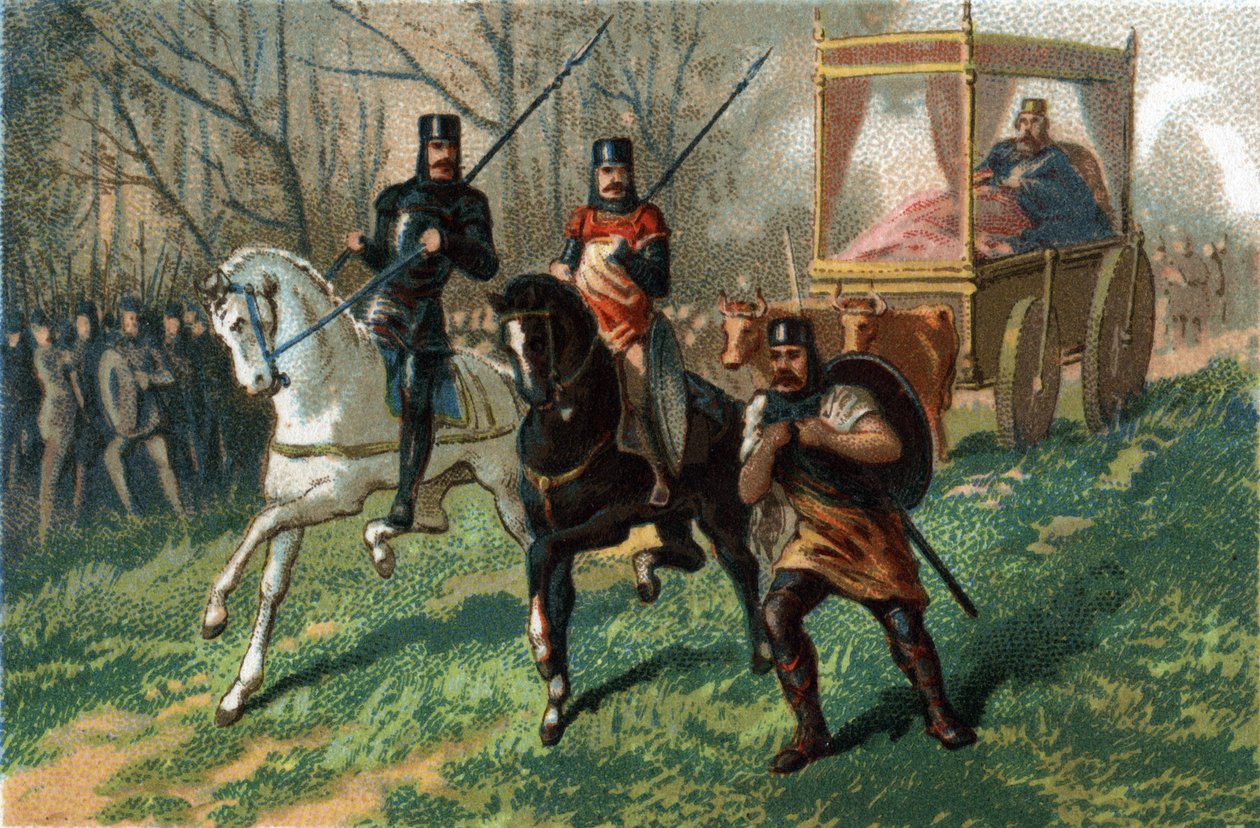 Thierry III säger att Faineant-kungen från 673a 691 går genom Paris i sin vagn skjuten av oxar. Kromolitografi omkring 1890. av French School