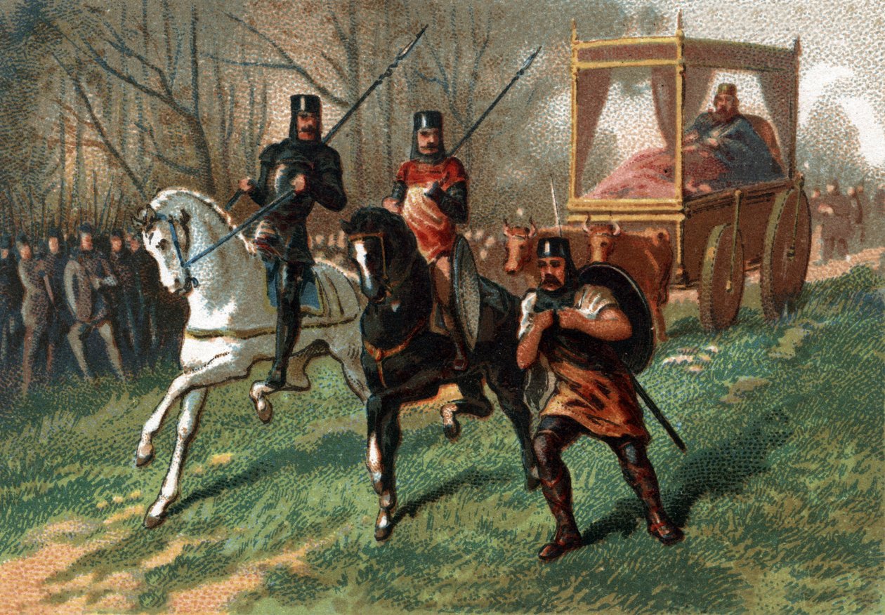 Thierry I (? - 533), kung av Austrasien på en vagn som släpas av oxar. Kromolitografi i slutet av 1800-talet. av French School