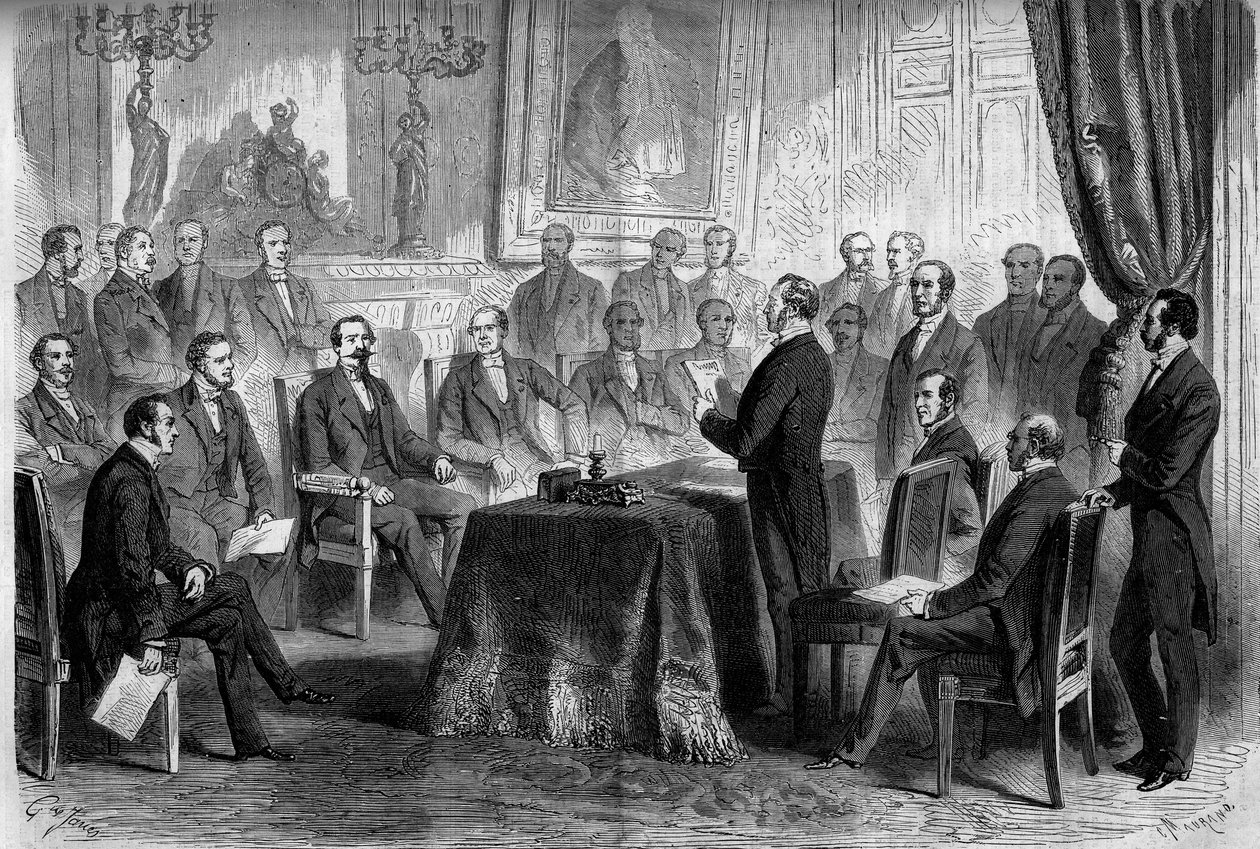 Tredje republiken: möte för statsrådet i Tuilerierna i närvaro av Napoleon III (1808-1873) och baron Eugene Georges Haussmann, prefet av Paris (1809-1891). Gravyr i "" Le Monde Illustré"" nr 291 av den 8 november 1862. av French School