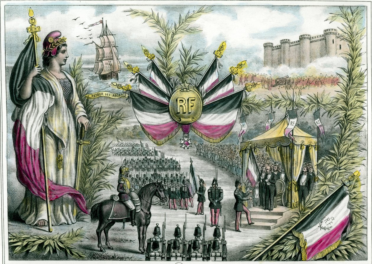 Tredje republiken: Den triumferande republiken presiderar vid den stora nationalfesten den 14 juli 1880 på Place de la Bastille. Den 14 juli blir Frankrikes nationaldag och den trikolora flaggan tas i bruk. Gravyr omkring 1880 Privat samling av French School
