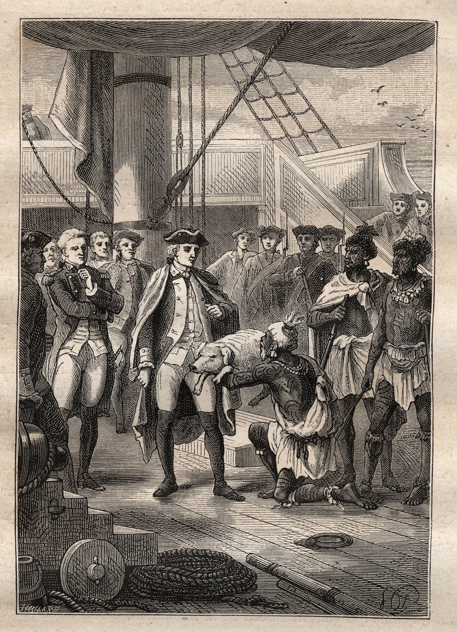 James Cooks tredje resa - De gav honom en liten gris - jag presenterade honom en liten gris - James Cooks tredje resa i Stilla havet - illustration hämtad från "The Great Mariners of the 18th century" av Jules Verne av French School